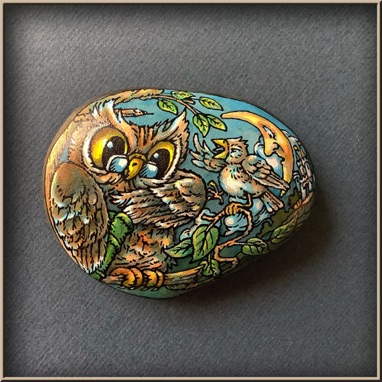 Owl and Sparrow - Painted Rock